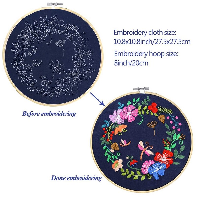 2 Sets Full Range of Embroidery Starter Kit Including Embroidery Clothes with Pattern Hoops, Color Threads and Tools
