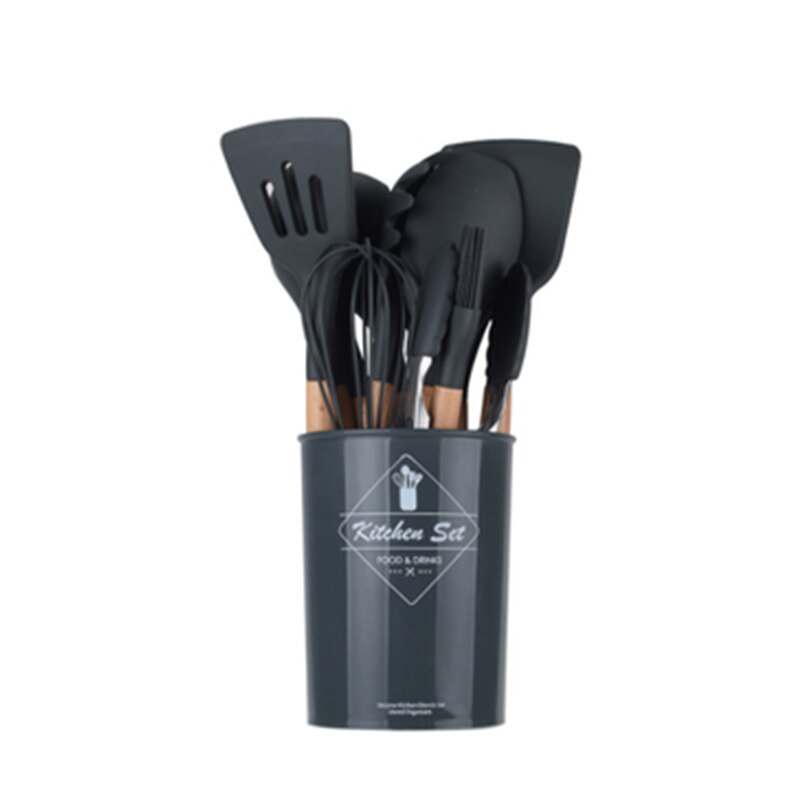 12/11PCS White Silicone Kitchenware Cooking Utensils Set Heat resistant Non-Stick Pan Cooking Spatula Spoon Wooden Handle: Black
