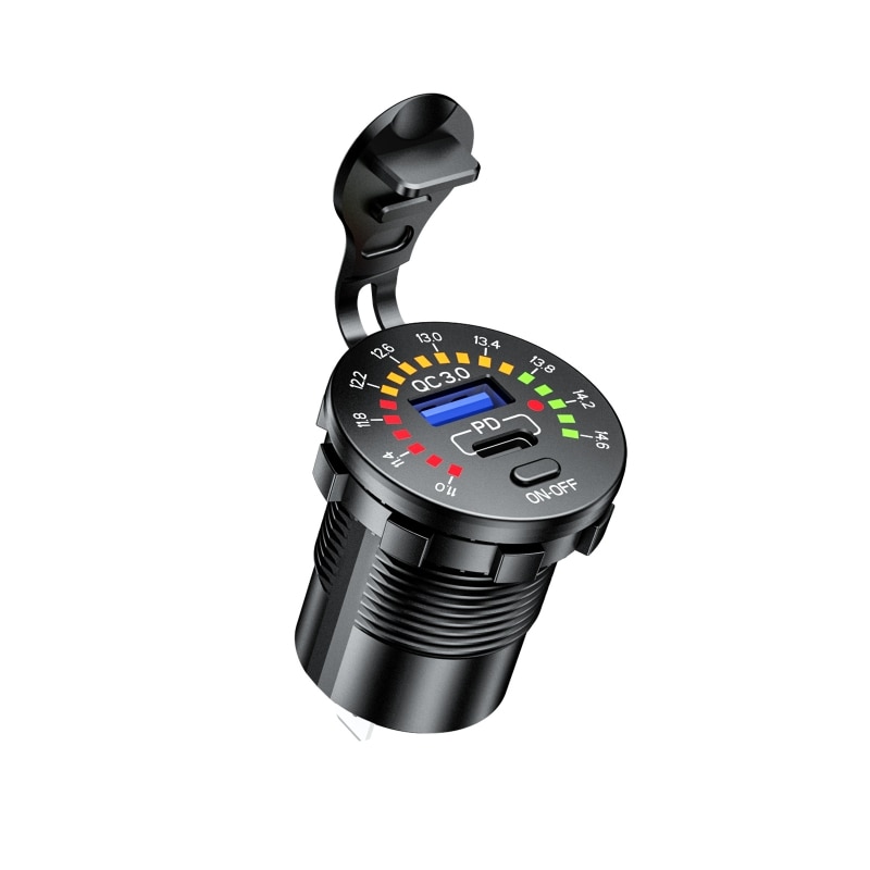 Cargador USB tipo C para coche, dispositivo de carga rápida con voltímetro LED, interruptor de encendido y apagado, 12V, QC3.0