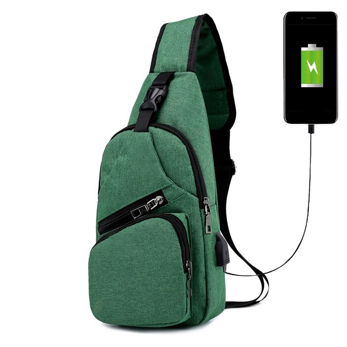 Afslappet brystpose lærred usb opladning messenger tasker skulder crossbody taske håndtaske rejse mandlige tyveri brystpakke: Grøn