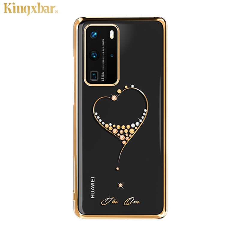 Original kingxbar cristais de luxo caso strass para huawei p40/pro moda fino banhado a flor duro claro pc capa traseira caso: For P40 / Heart Gold