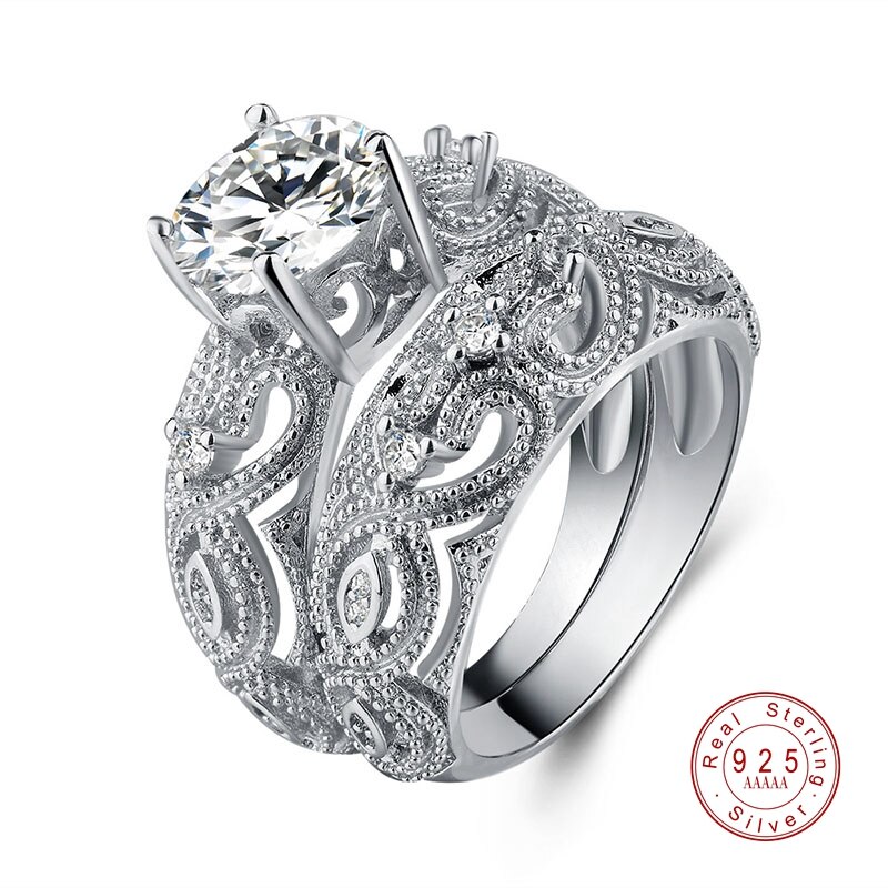 White CZ Stone Ring Sets Silver Color Hollow Out Rings Wedding For Women Couple Ring For Lover Accessories