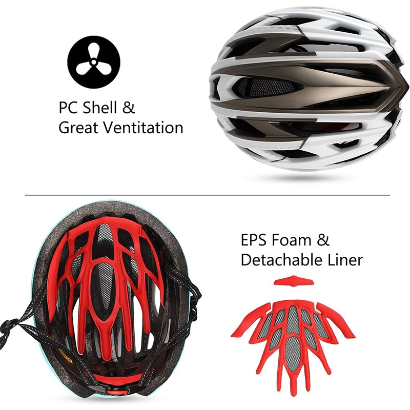Casco de bicicleta, casco de bicicleta con luz trasera y gafas magnéticas desmontables y mochila portátil Casco de ciclismo ligero ajustable para adultos Hombres Mujeres Montaña y carretera