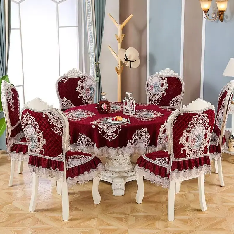 Fluwelen tafelkleed in Europese stijl, verbonden stoelhoes, kanten rand, geïntegreerde krukhoes, rond tafelkleed, verdikt kussen: WHITE / 100*130cm