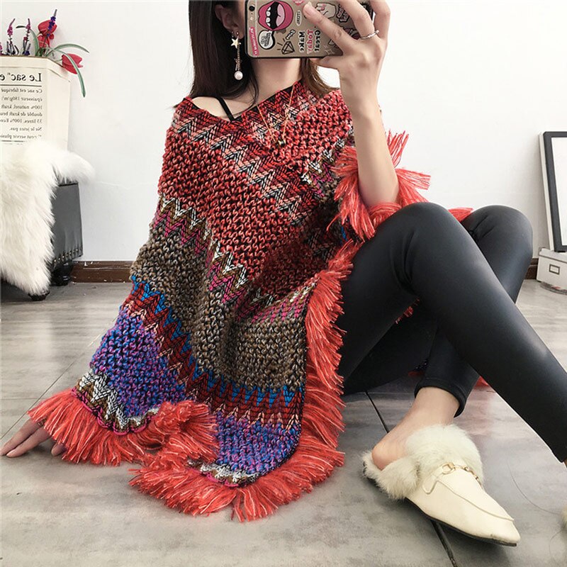 Poncho à Cape pour femmes, Cape à Cape, tricot doux, rayé, Chevron avec pompon, bohème, écharpe, hiver pour femme,: red