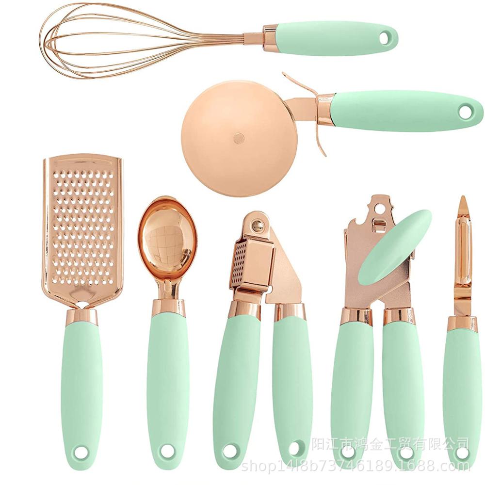 7 Pcs Kitchen Gadget Set Stainless Steel Baking Cooking Utensils ice scream spoon peeler garlic press cheese grater whisk Home: green