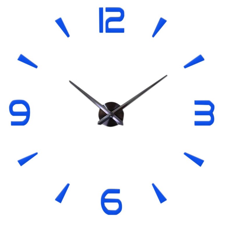 3D Large DIY Wall Clock Frameless Mute Non Ticking Quartz Clocks Kit with Mirror Number Sticker for Bedroom Decor: Blue