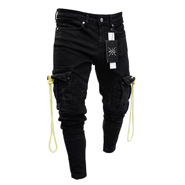 modelo Pantalones vaqueros negros para hombre, Pantalones vaqueros multibolsillos, Pantalones vaqueros rotos góticos negros para hombre: L