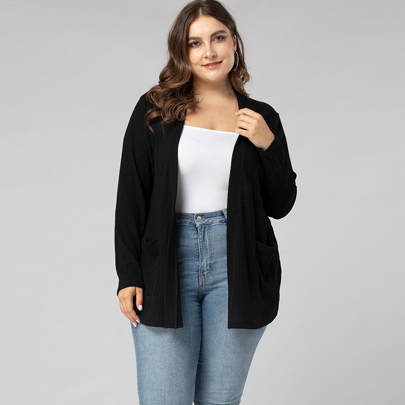 Feminino primavera outono plus size roupas femininas camisola cardigan para mulher casual solto mangas compridas fino tricô casaco preto 7xl