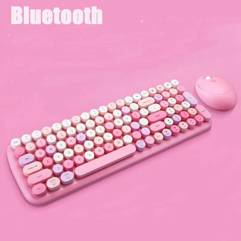 Combos Candy Color WIRELESS KEYBOARD Mouse PINK Girl Roud Keycap Gaming Keyboard for Notebook PC Girls Giftand: Bluetooth Pink