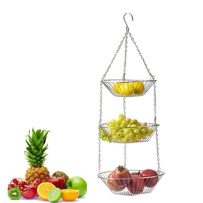 1pc 3 Tiered Hanging Fruit Baskets - Adjustable Chrome Wire Produce Storage Bowls