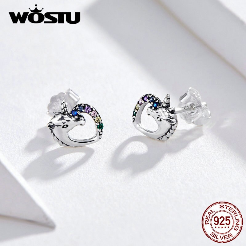 WOSTU Einhorn Herz Zucht Ohrringe 925 Sterling Silber Multi-Farbe CZ Ohrringe Für Frauen Hochzeit Luxus Schmuck CQE611