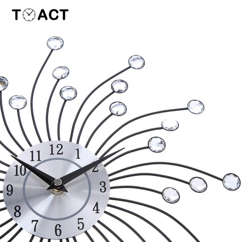 33cm Vintage Metal Crystal Sunburst Wall Clock Luxury Diamond Large Wall Clock Morden Silent Clocks for Home Decor