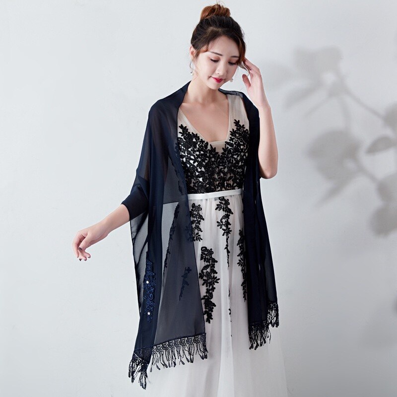 Longue mousseline de soie étole dentelle Appliques perlées robes de soirée châles de mariage enveloppes avec gland Capes de mariée fête: Navy