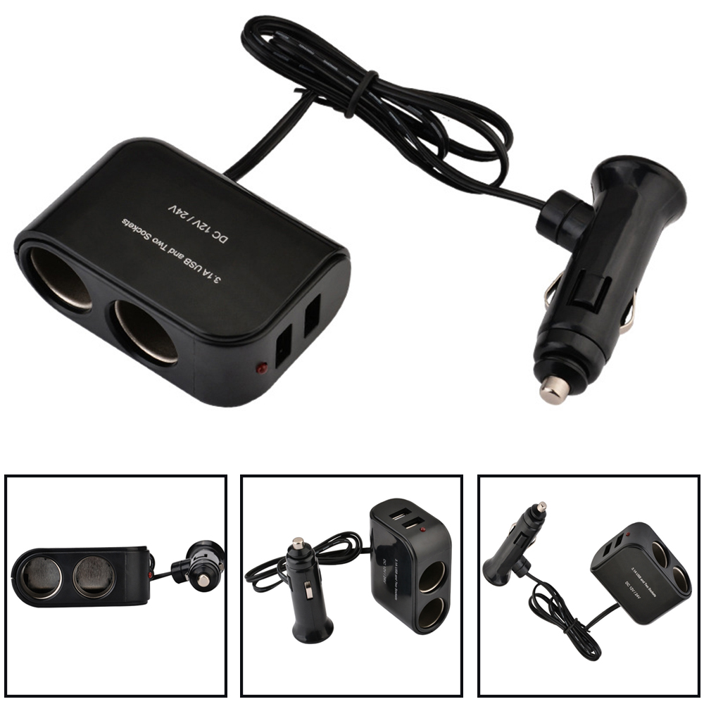 12V/24V 2 Way Car Ignition Lighter LED Light Switch Universal Auto Socket Splitter Charger 3.1A USB Fast Charging