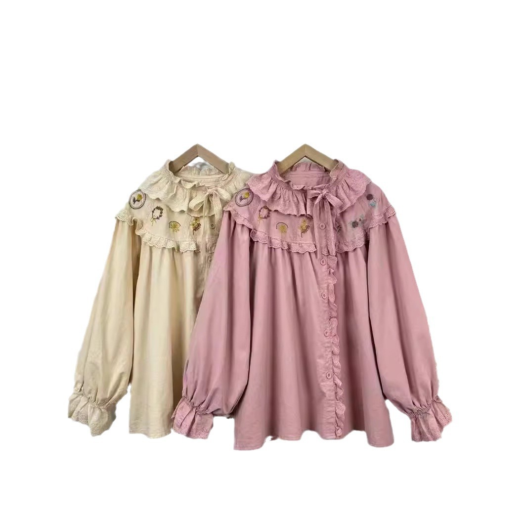 Spring Cotton Casual Long Sleeve Shirt Women Stand Neck Embroidery Top Girl Loose Sweet Blouses Summer T45852QM