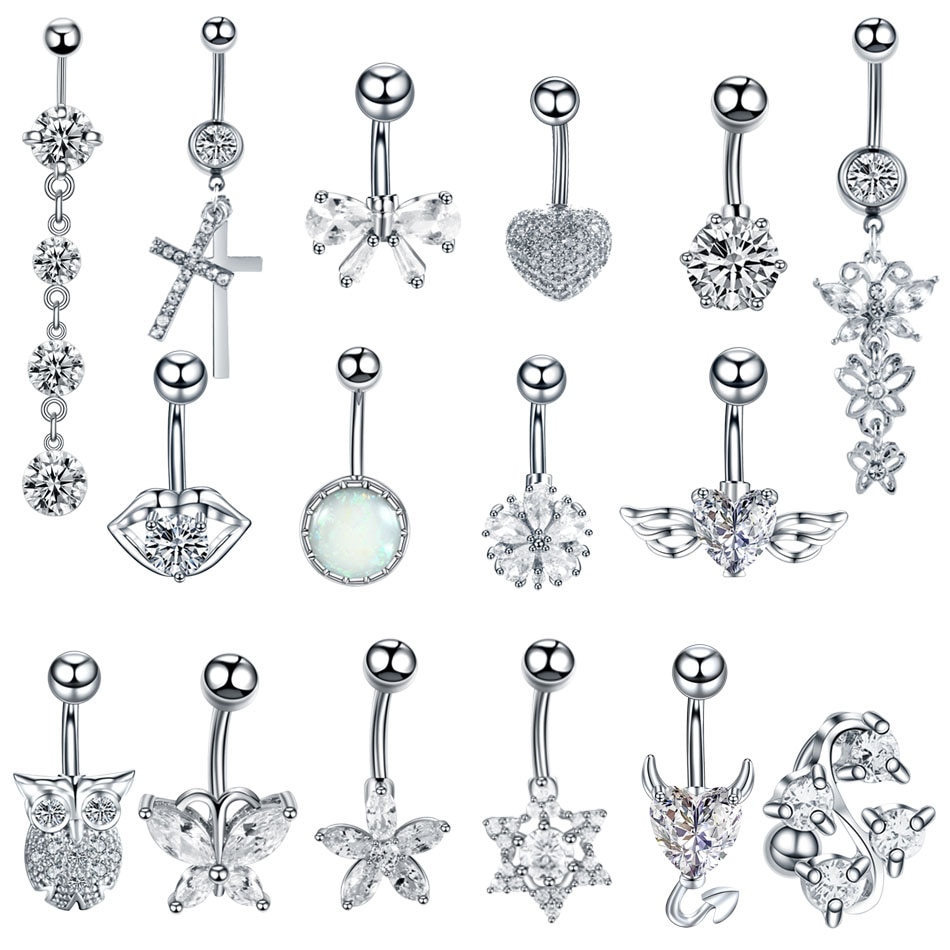 1 PC Silver Crystal Surgical Steel Navel Piercing Heart Zircon Belly Button Rings Women Belly Button Piercing Ombligo Pircing