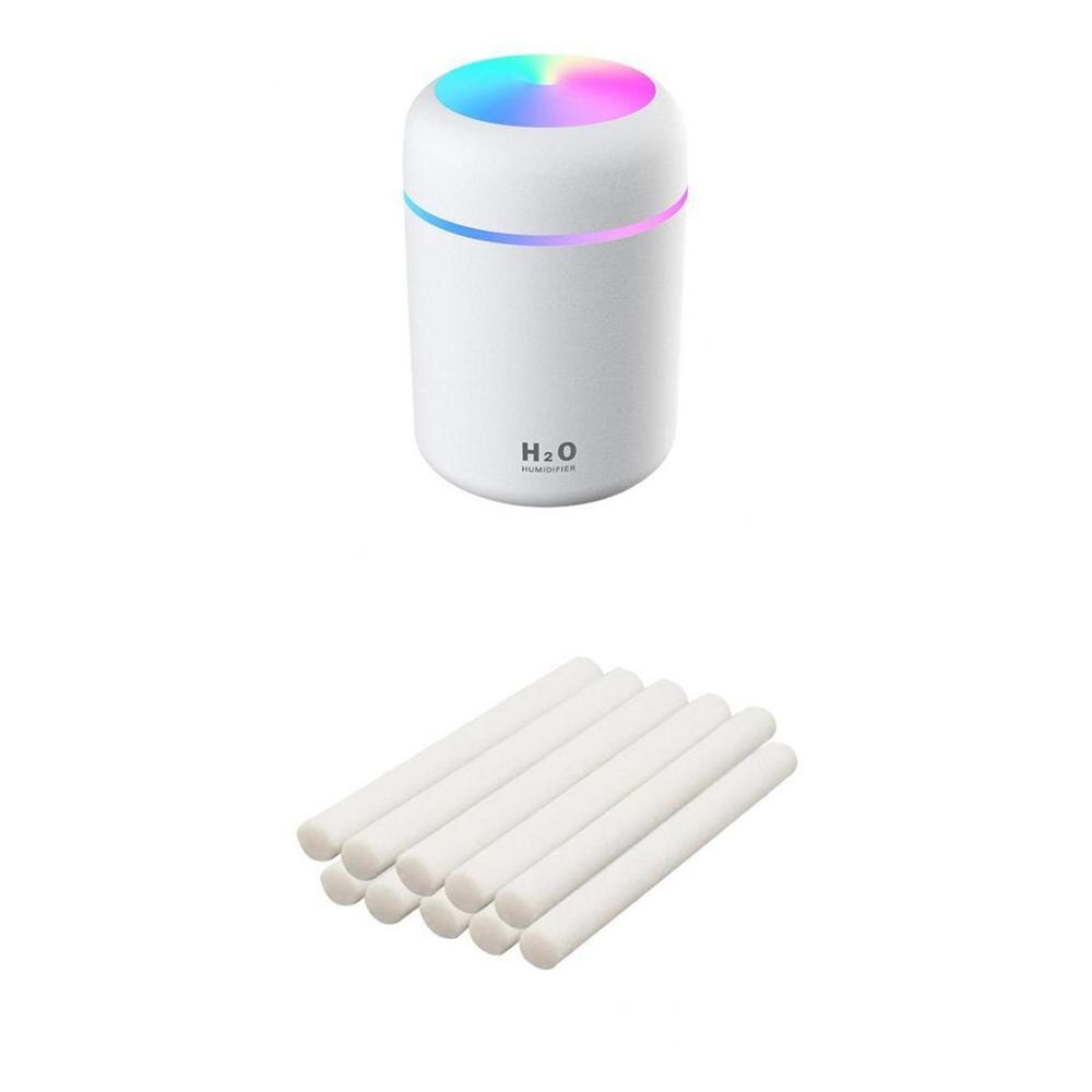 300ml Air Humidifier Ultrasonic Mini USB Aroma Essential Oil Diffuser Cool Mist Maker with Colorful Light for Car Home: White 10 filters