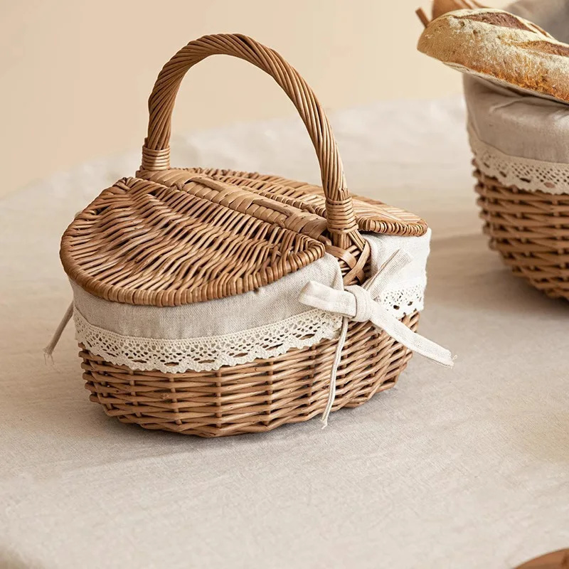 Cesta de Picnic de gran capacidad con tapa, cesta tejida de mimbre y bambú, contenedor de aperitivos para almacenamiento de frutas para el hogar, cesta de mimbre para exteriores
