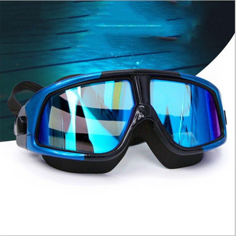 Svømmebriller behagelig silikone stor ramme justerbare svømmebriller anti-tåge uv mænd kvinder vandtæt svømmebriller: Blå sort