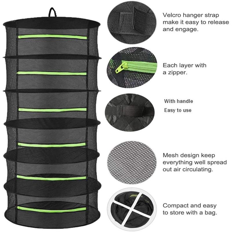 4/6/8 Layers Herb Drying Rack Hanging Mesh Net Steel Rings Foldable Zipper Closure for Petals Buds Beans