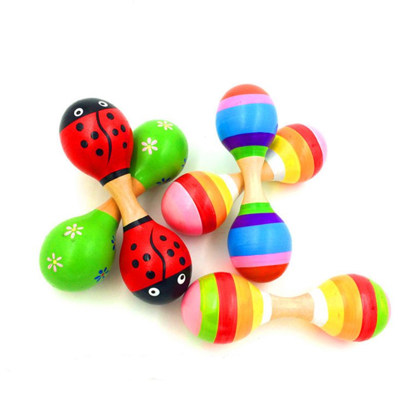 Double tête colorée en bois Maracas bébé enfant Instrument de musique hochet Shaker pour jouet de fête 634F