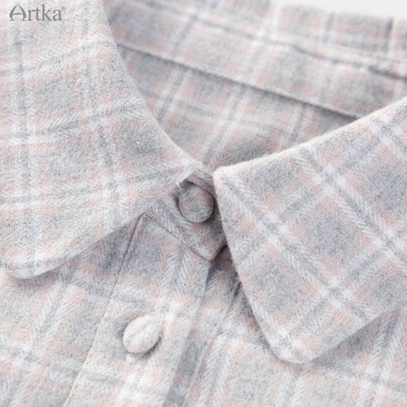 Artka Herfst Winter Vrouwen Jurk Elegante Ruches Plaid Shirt Jurken Lange Mouw Losse Lange Jurk Met Sjerpen LA22003D