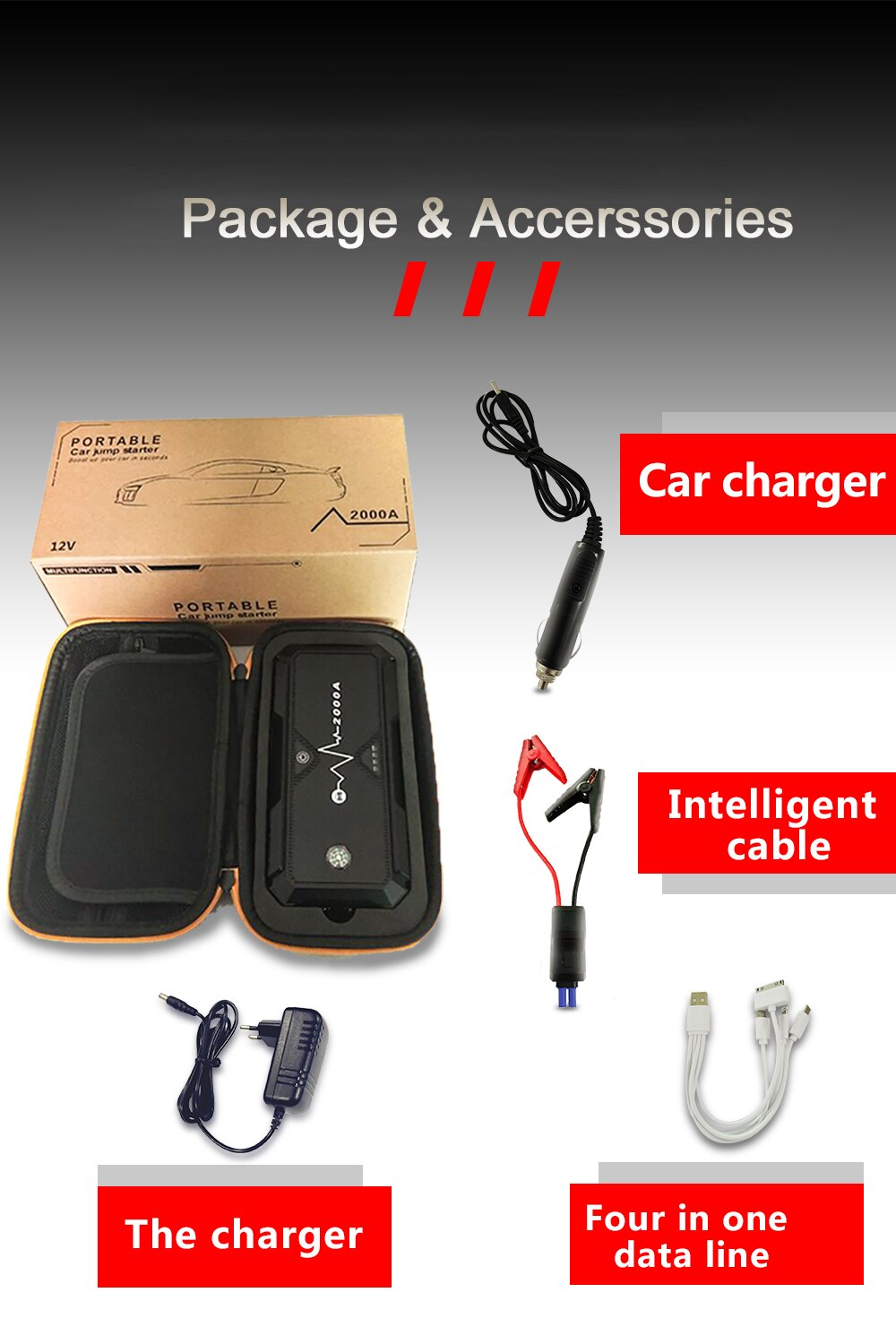 2000A Portable Car Jump Starter Battery Booster Pack and Power Supply with LCD Display: UK PLUG
