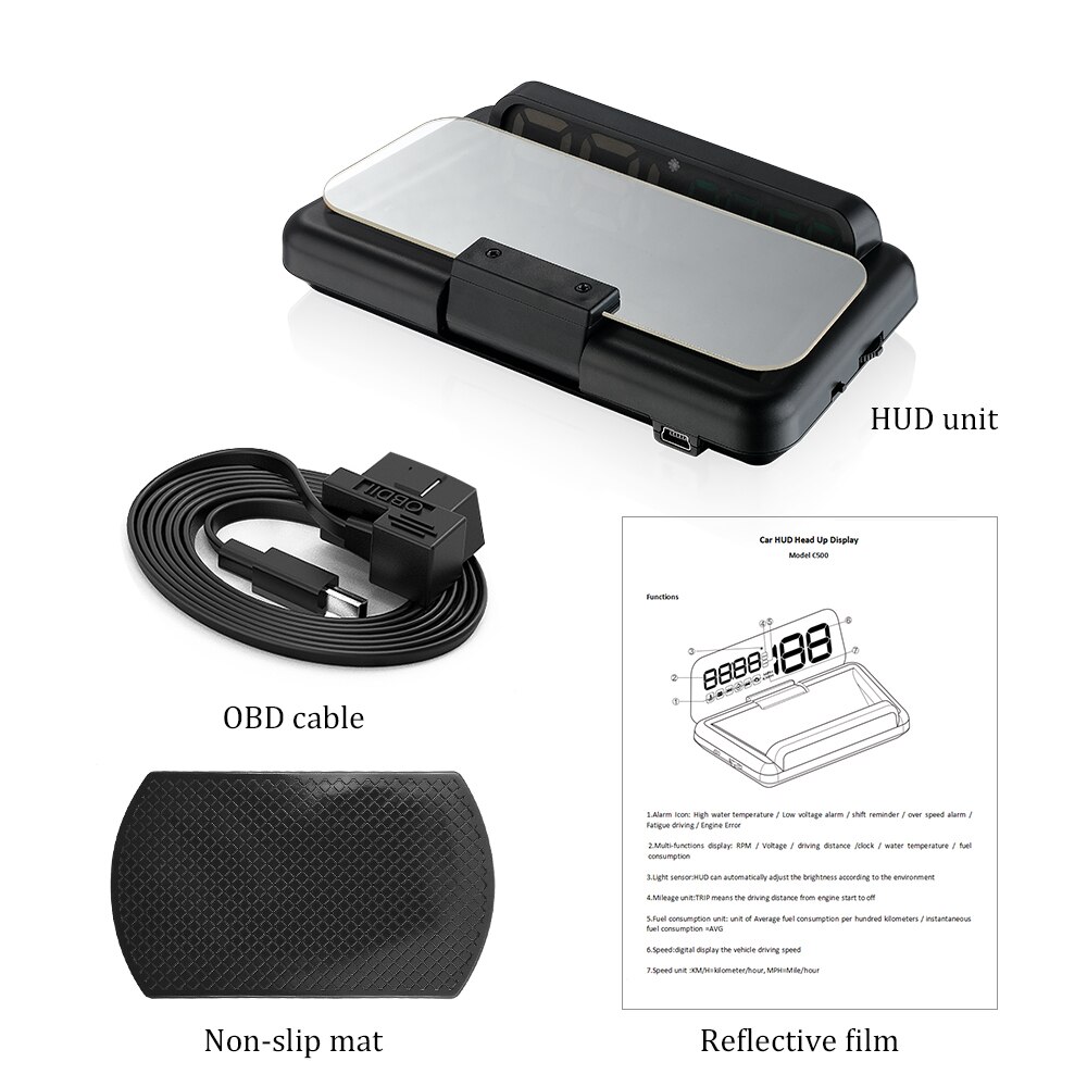 HUD C500 Display Mirror hud OBD2 Diagnostic Tool Projector Digital Speedometer Car Speed Security Alarm Head Up Display: Default Title