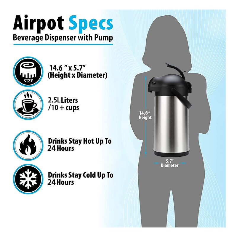 2,5 L Vom Flughafen Kaffee Spender mit Pumpe 24 Stunde Thermische Isolierte Heißer Getränke Dispenser für Kaffee, jede Flüssigkeit oder Trinken
