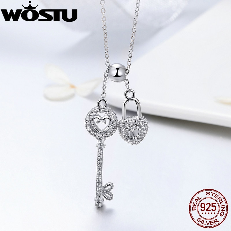 WOSTU Luxury 925 Sterling Silver The Key of Heart Lock Pendant Necklace For Women Girlfriend Wife Jewelry CQN290