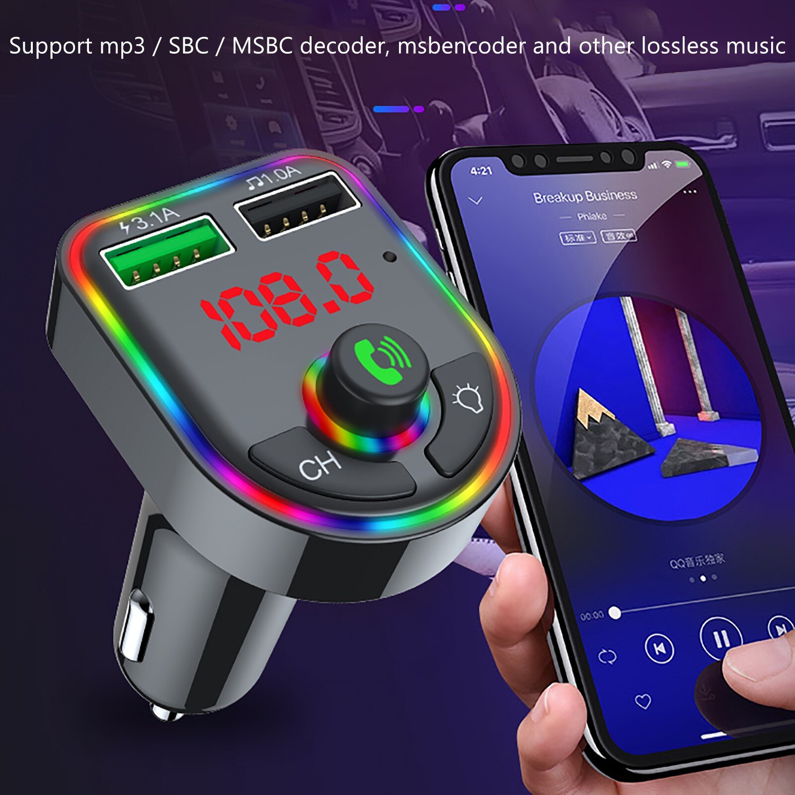 Bluetooth-autoradio-set mit fm-sender , 2  mp3 -anschlüssen und  mp3 abspielgeräten