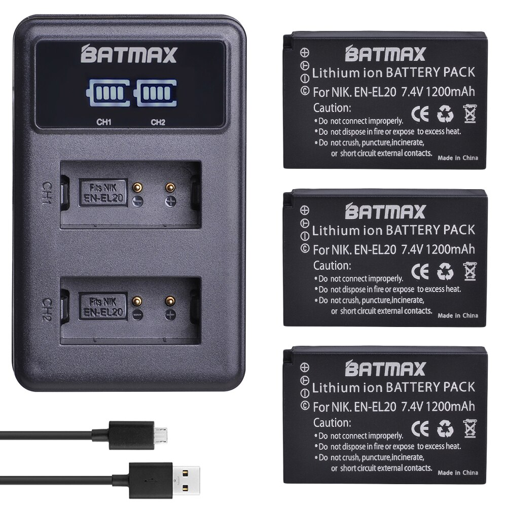Batmax fi -el20 en-el20a fi  el20 en el20a akku + led usb kaksoislaturi nikon coolpix  p1000 nikon  s1 j1, j2, j3 nikon 1 aw1: 3b laturin kanssa