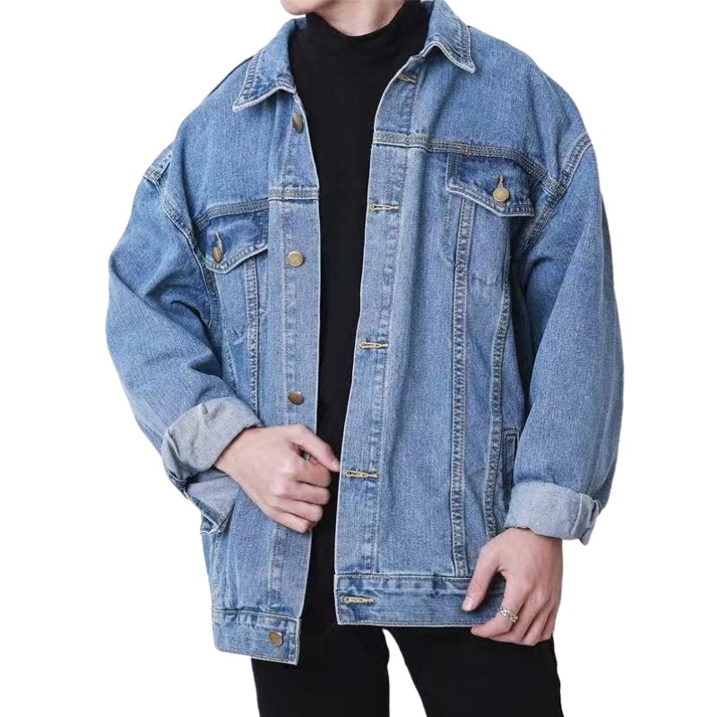 Safari Denim kurtka męska mroczny styl smażona kurtka uliczna skręcić w dół kołnierz dorywczo luźna i przystojna solidna męska kurtka ubrania
