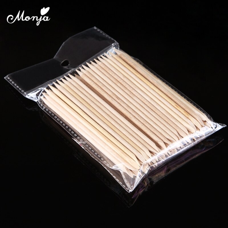 Monja 100pcs Dual End Nail Art Cuticle Dead Skin Remover Wood Stick Pusher Rhinestones Beads Dotting Picking Manicure Tool