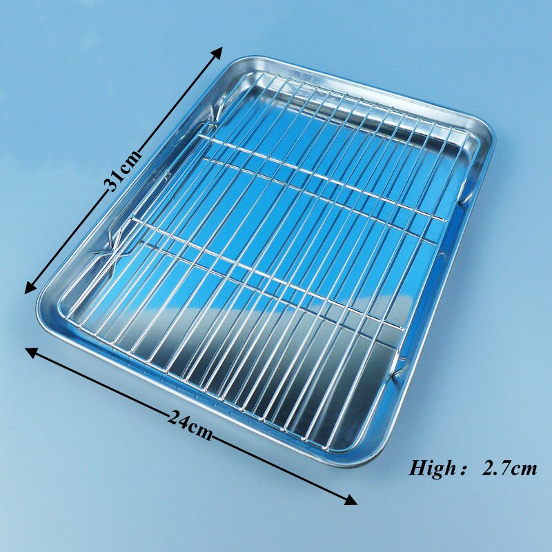 Stainless Steel Rectangle Plate with Net Rack Restaurant Fish BBQ Fried Chicken Cooling Serving Plate Skewers Seafood Tableware: Silver-31cm