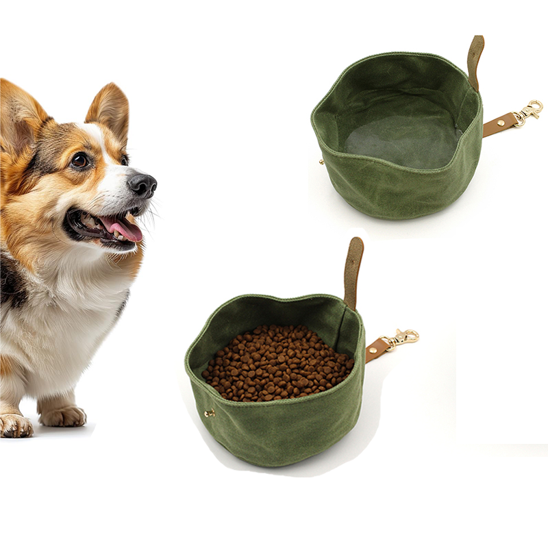 Cuenco de lona para perro, cuenco de viaje para comida y agua, plato para mascotas, lona encerada, hecho a mano