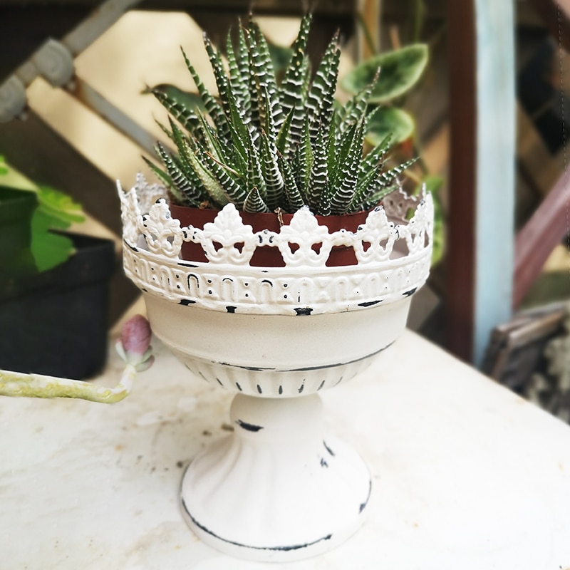 small retro white metal flower pot and urn