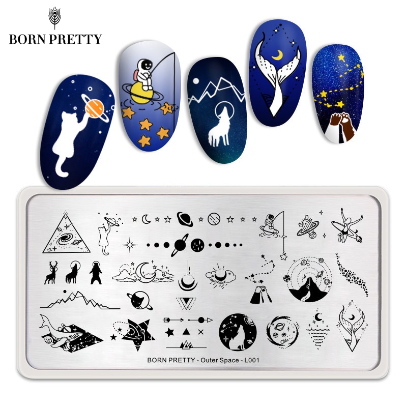Geboren Pretty Nail Stempelen Platen Outer Space Serie Moon Star Rechthoek Nail Art Template Stencil Gereedschap Voor Manicure Diy