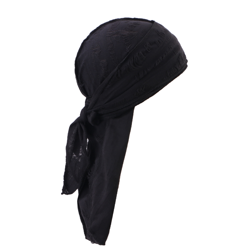 Nueva diadema Vintage de algodón con agujeros, Bandana Unisex de Hip Hop, gorro de pirata de cola larga para hombres, envolturas para la cabeza a la , pañuelo para la cabeza para ciclismo: Negro