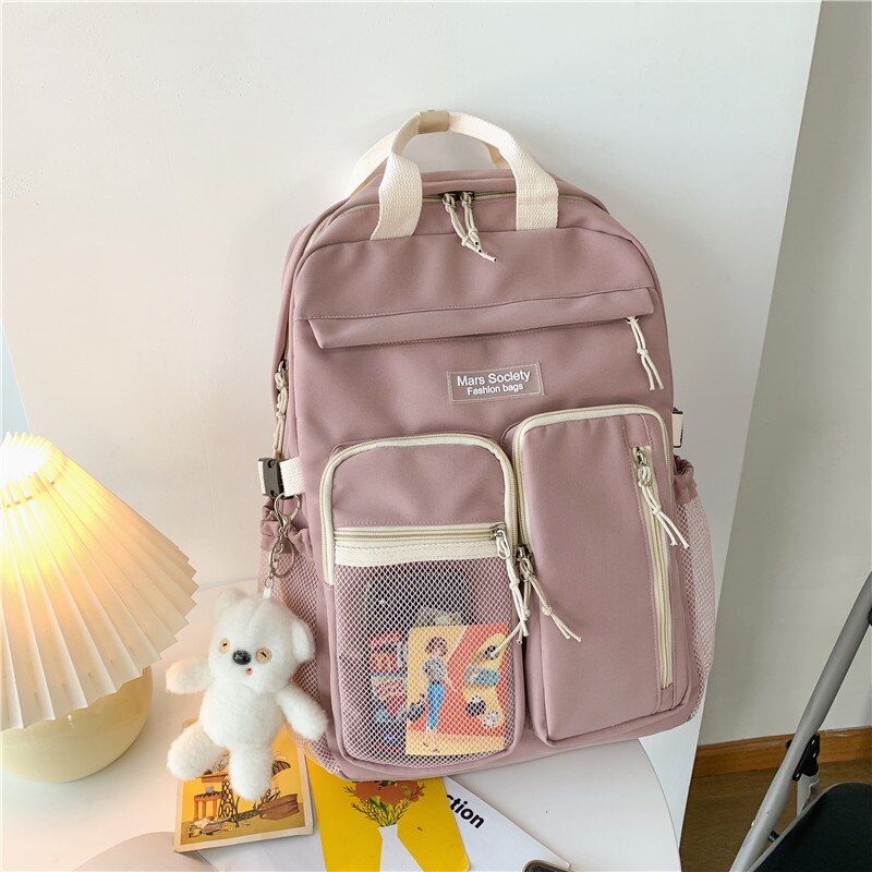 Draagbare Gesp Meerdere Zakken Vrouwen Rugzak Vrouwelijke Dubbele Laag Waterdichte Nylon Schooltas Schoolmeisje Laptop Rugzak: Roze