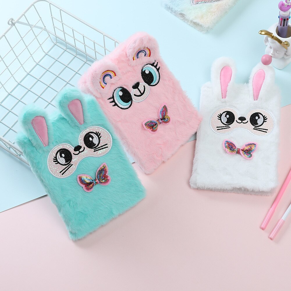 Cute Fur Rabbit Notebook For Kids A5 Diary Notepad Plush Agenda Planner Children Line Daily Note Book School Shetchbook