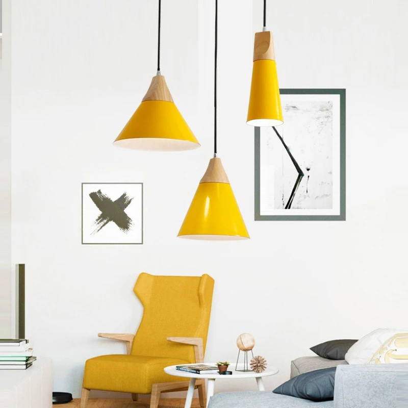 Tre, jern, flere typer pendellamper til spisestue, kjøkkenøy, stue, ledet-lampe, loft, hengende makaron-belysning