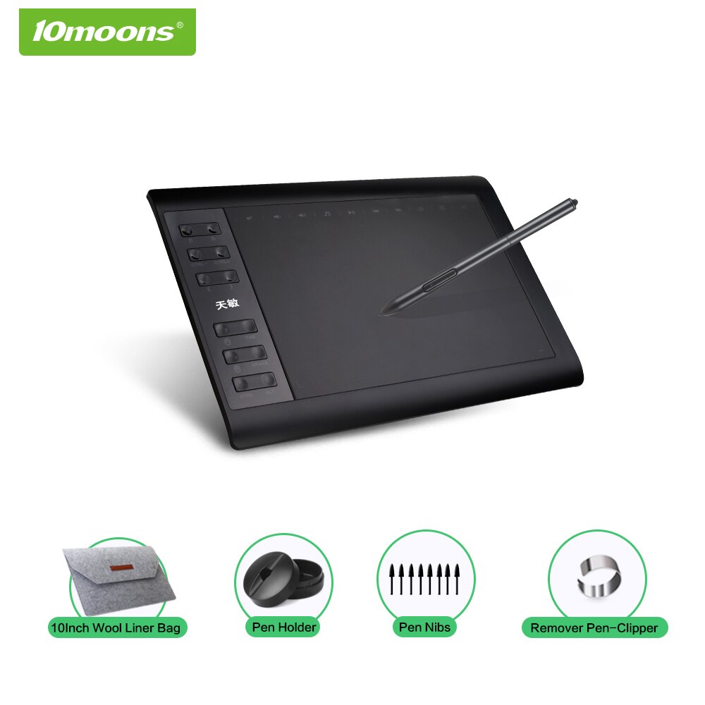 10moons Graphic Drawing Tablet 10x6 Inch 8192 Levels Digital Tablet No need charge Pen With Cover Holder Writing Tablets