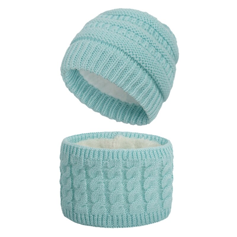 Newborn Baby 2Pcs Winter Beanie Hat Scarf Set Cable Knit Fleece Lined Skull Cap: Light Blue