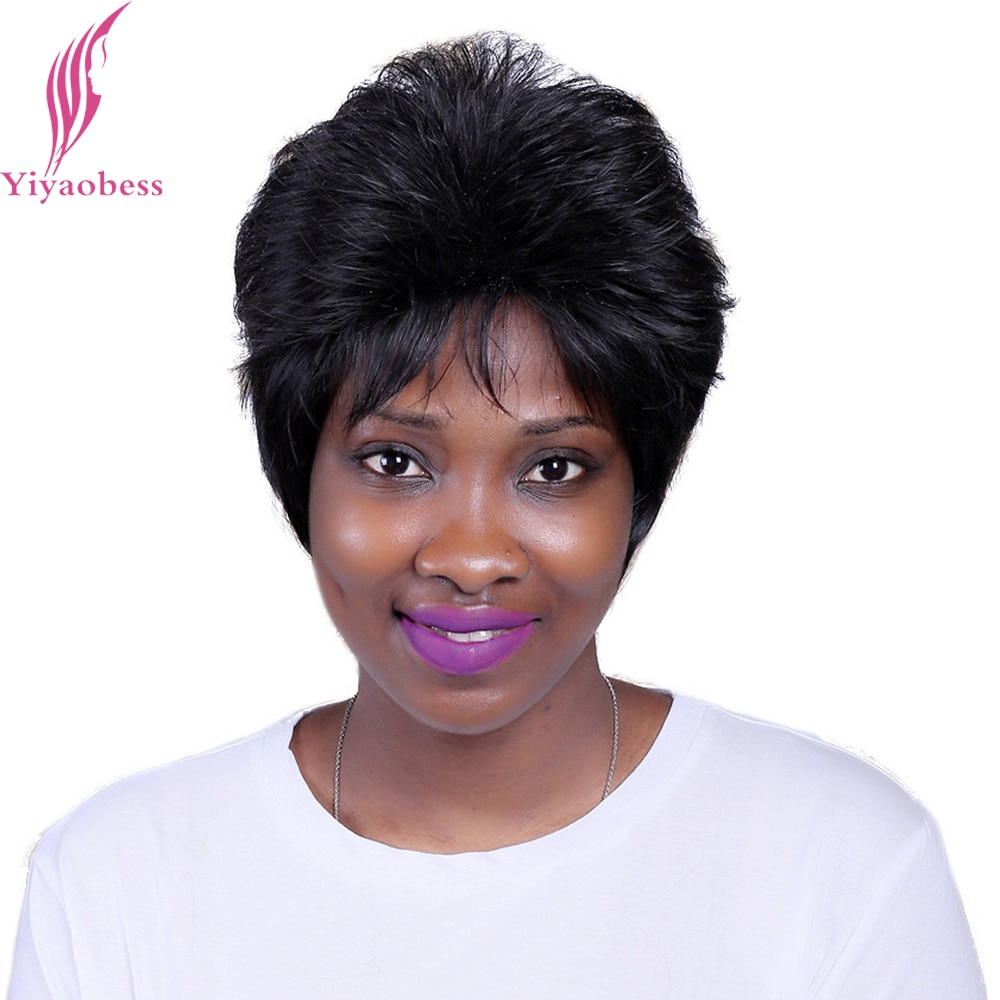 Yiyaobess 10 inch Synthetische Puffy Korte Zwarte Pruik Voor Middelbare Leeftijd Vrouwen Hittebestendige Straight Natural Hair Pruiken