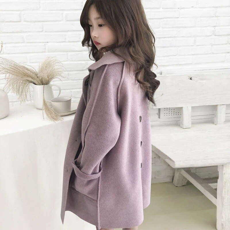 Manteau en laine rose pour filles, automne-hiver, vestes en laine, Costumes, vêtements d'extérieur, hauts, vêtements pour enfants de 4 à 12 ans