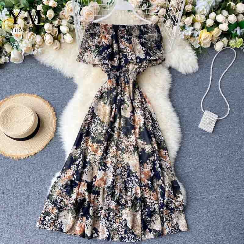 Yuoomuoo Bohemian Zomer Off Shoulder Bloemenprint Jurk Vrouwen Elegante Ruches Chiffon Lange Jurk Boho Mode Strand Jurk: Black