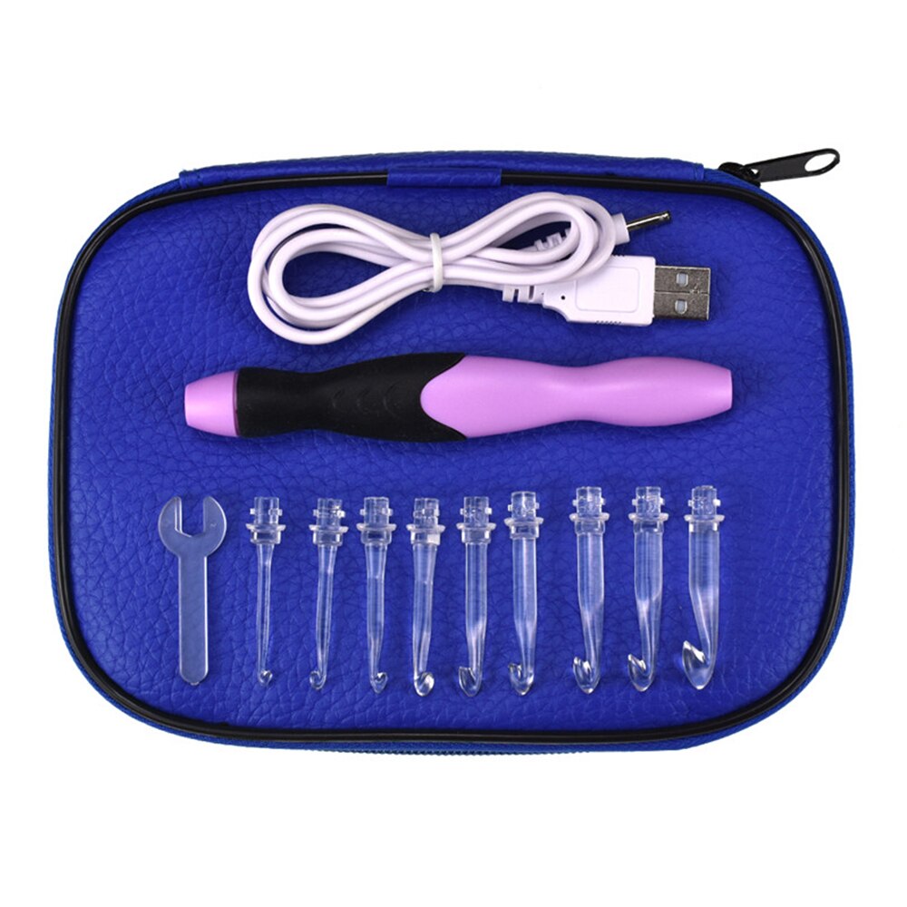 Plast usb led lys opp håndtak strikkepinne heklenål lett vevd syhåndverksverktøy med pose strikkeverktøysett: Blå