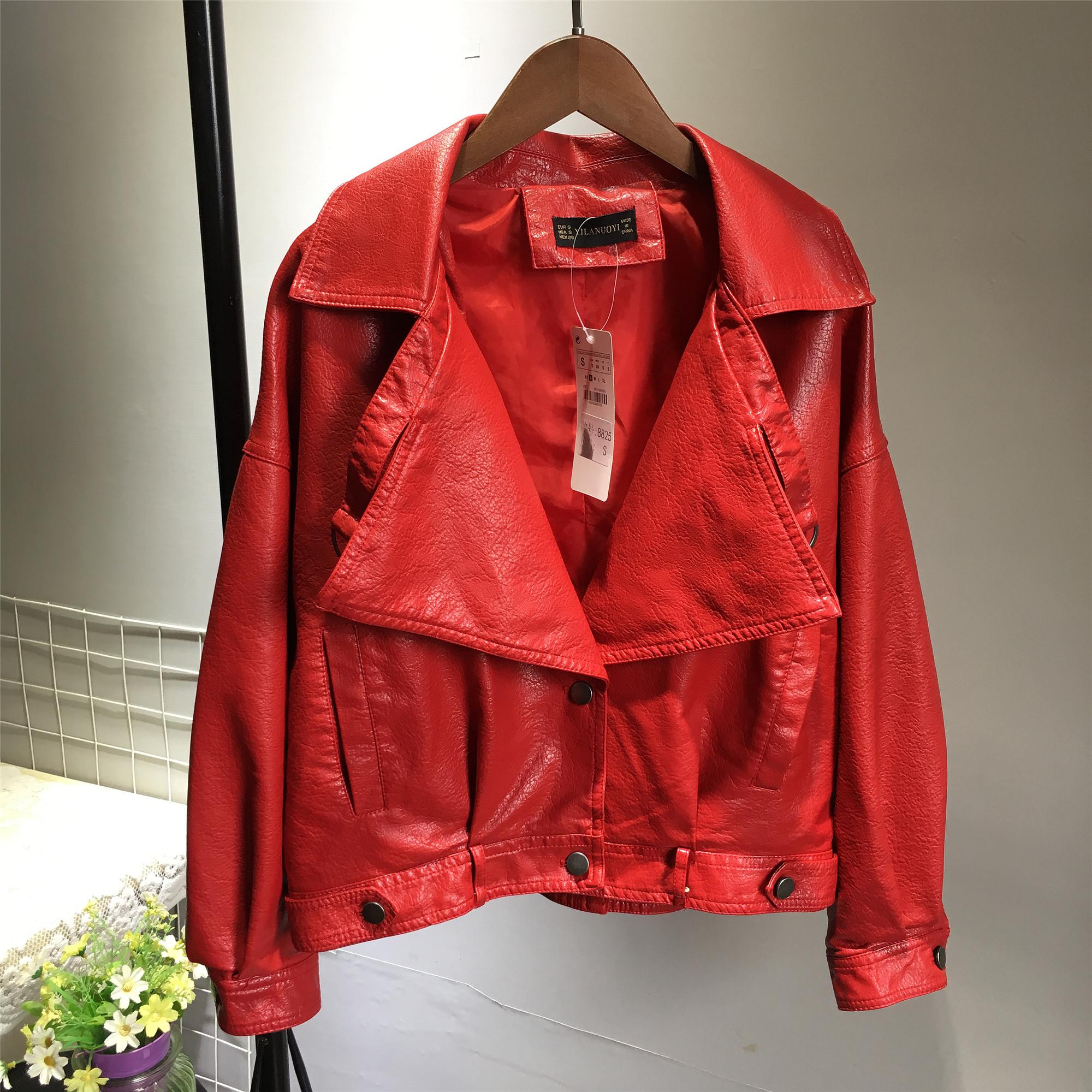 FTLZZ-SACO Bomber de mujer, chaqueta de piel sintética, abrigos de motorista para mujer, prendas de vestir Punk Vintage, chaquetas cortas rojas y verdes para motocicleta: Red / L